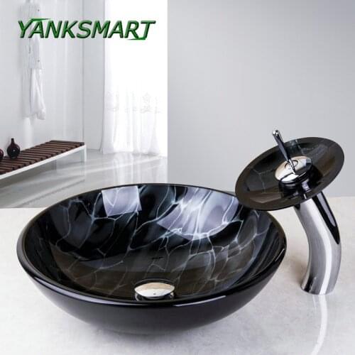 YANKSMART Bathroom Round Basin Faucets Tempered Glass Washing Sink Basin With Match Waterfall Faucet & Pop-up Drain Included Tap
