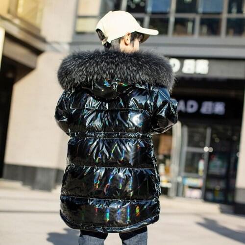 Boys Fashion Winter Down Jackets 810 12 years Glossy Bright Color Fur Hoodies Thicken Warm Teen Boys Outerwear