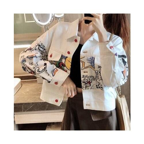 Cowboy jacket female ins tide personality graffiti tooling jacket loose Korean college wind-blown street jacket female short