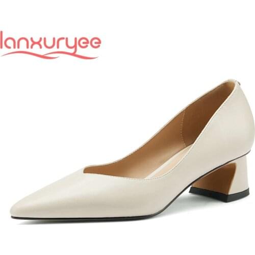 Lanxuryee genuine leather pointed toe med heel simple style classic colors European style young lady daily wear women pumps L03