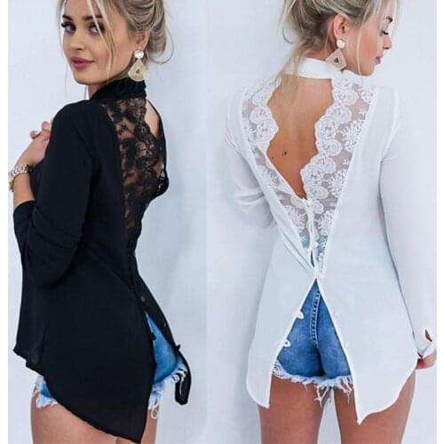Fashion Women Tops Summer 2020 Backless Sexy Hollow Out Lace Blouse Shirt Ladies Casual Loose White Office Blouse Women