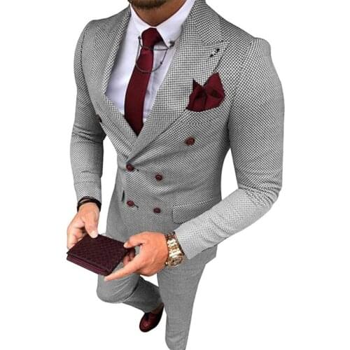 Mens Business Suits 2 Pieces Double Breasted Houndtooth Slim Fit Notch Lapel Plaid Tweed Prom Tuxedos For Wedding (Blazer+Pants)