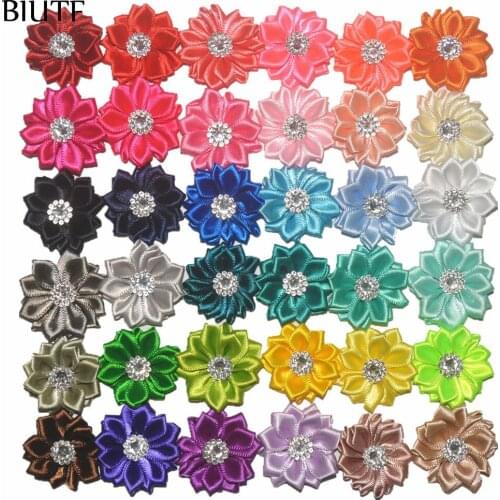 Wholesale 200pcs DIY 3.5cm Mini Polyester Ribbon Polygonal Flowers With Rhinestone girls Hair Accessory Head flowers TH63