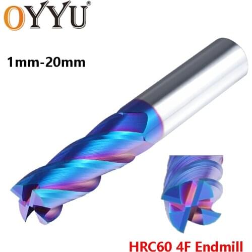 OYYU 1pcs HRC60 Tungsten Steel 4 Flute End Mills Blue Nanometer Superhard Router Bit CNC 2mm 4mm 6mm 8mm 10mm Miliing