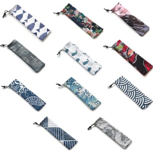 Japanese Style Cutlery Bag Portable Canvas Drawstring Storage Bag For Outdoor Traveling Camping Random Color 1pc
