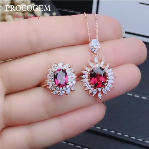 Procogem TrendyNatural Pyrope Garnet Jewelry sets for Women Party Necklace Rings VVS Sparking gemstones 925 Sterling Silver #701