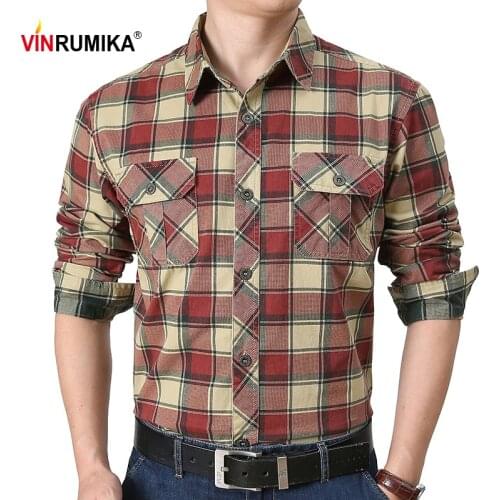M-4XL Size 2021 Spring Autumn Mens Business Casual Red Plaid Shirt Male Green Grid 100% Cotton Work Leisure Long Sleeve Shirts