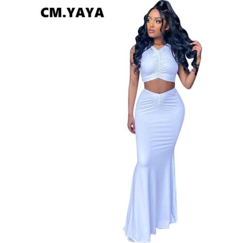 CM.YAYA Women Set Solid Sleeveless Stacked Crop Tops Long Trumpet Skirts Two 2 Piece Sets Fashion High Streetwear Summer Outfit