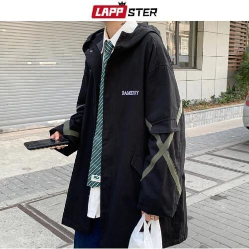 LAPPSTER Men Streetwear Patchwork Trench Coat 2020 Oversized Mens Hip Hop Harajuku Long Jackets Coats Vintage Male Windbreaker