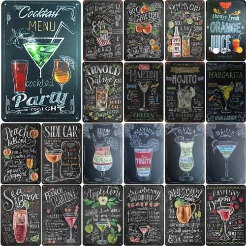 Vintage Metal Plaques Cocktail & Juice Menu MARTINI MOJITO BLOODY MARY for Tiki Bar Art Wall Home Decor Pub Decoration