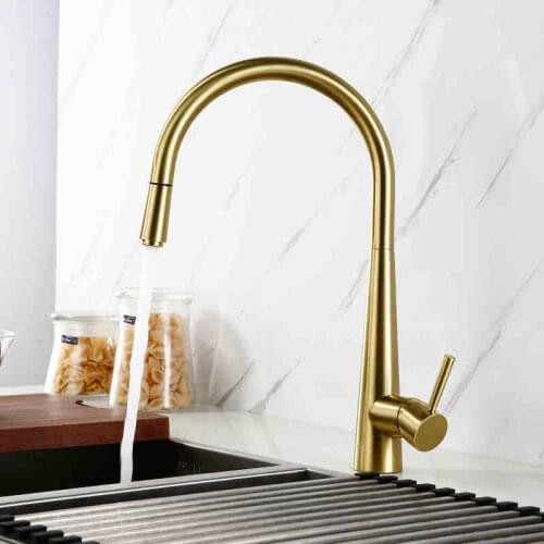 High quality brushed gold brass kitchen faucet pull out kitchen sink tap cold hot water faucet Rotatable