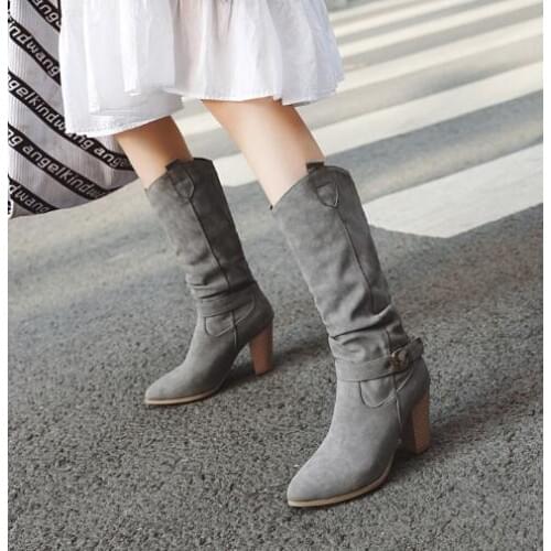 Buckle Suede Leather Khaki Gray Black Chunky Heels Pointed Toe Knee High Long Boots Square Heels Winter Martin Boots Big Size