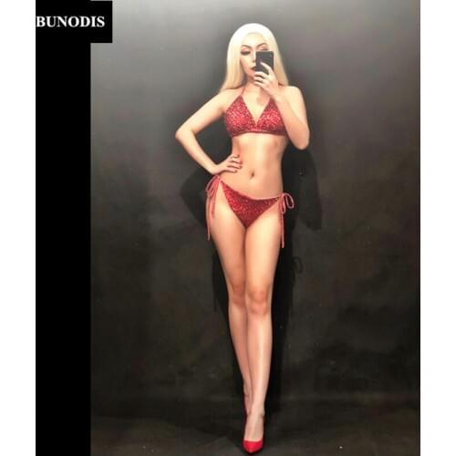ZD170 Full Of Black Sparkling Crystals Red Bikini Women Sexy Clothing Nightclub Beach Party Stage Wear Singer Dancer Costumes