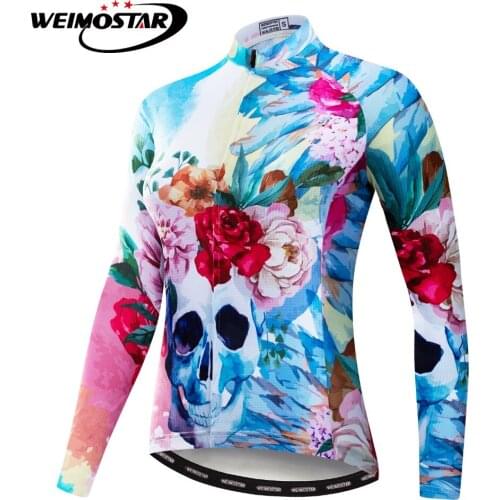 Women Cycling Jersey Long Sleeve Skull Flowers Cycling Clothing Coat Bike Wear MTB Bicycle Clothes Breathable Quick Dry Pockets