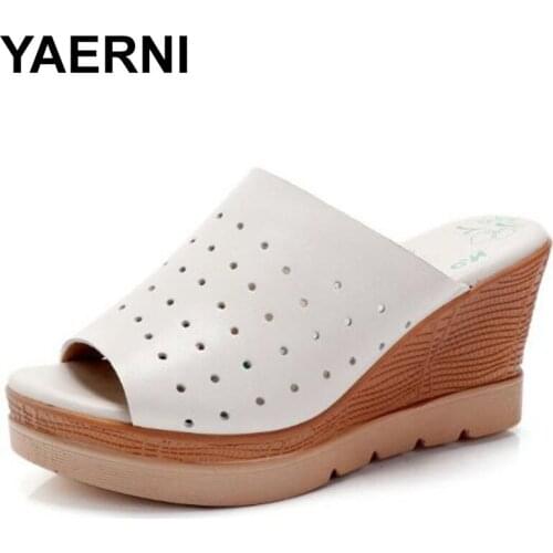 YAERNI 2020 high quality cowhide wedge sandals high heels casual wild summer leather sandals women slippers summer shoes 32-43