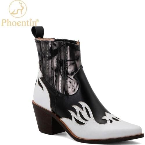Phoentin Mixed colours Western boots Autumn Winter Genuine Leather Chelsea booties womens Ankle short boot casual shoes FT1175