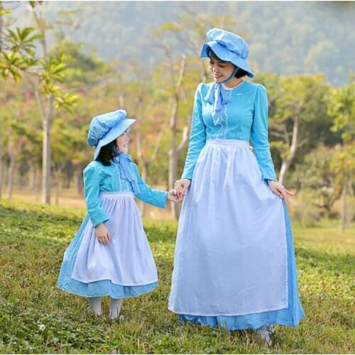 Blue Long Sleeved Polka Dot Maid Dress Costumes Cosplay for Girls Woman Halloween Game Stage Beach Party Maid Costumes