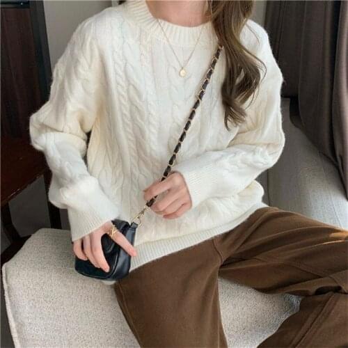 Retro Knitted Twist pullover sweater women autumn 2021 new loose Korean long-sleeved lazy knit sweater womens pullover jumpers