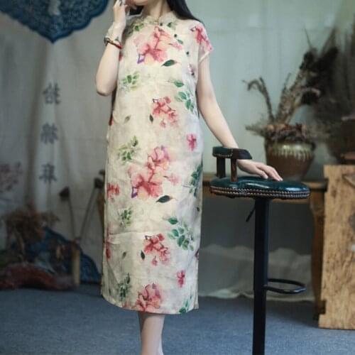 Johnature Women Vintage Ramie Dresses Stand Short Sleeve Print Floral Cheongsam 2021 Summer New High Quality A-Line Female Dress