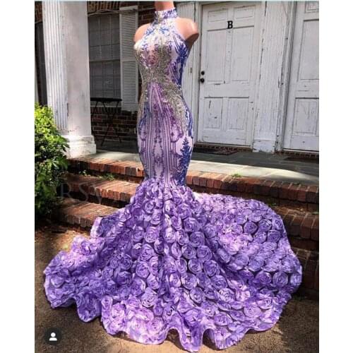 Lavender Prom Dresses Mermaid Halter Appliques Beaded South African Sexy Women Long Prom Gown Evening Dresses Robe De Soiree