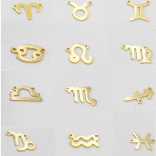 12pcs/lot Grace Moments 15mm Mirror Polished Stainless Steel Gold Color Twelve Zodiac Charm DIY Constellation Connectors Jewelry