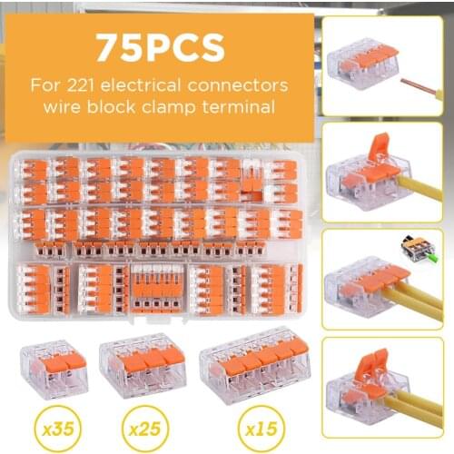 75pcs Electrical Connectors Wire Block Clamp Terminal Cable Reusable Mini Quick Home Wire Terminal Connector 221 2/3/5 Port