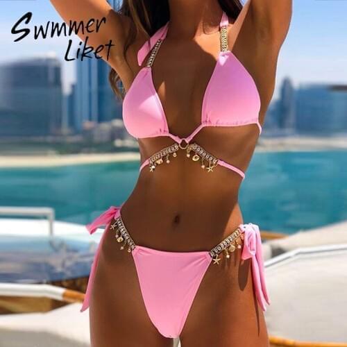 Knot bikinis 2020 mujer Diamond swimsuit women Pendant two piece suit Chain swimwear female Halter swim suit beach wear summer