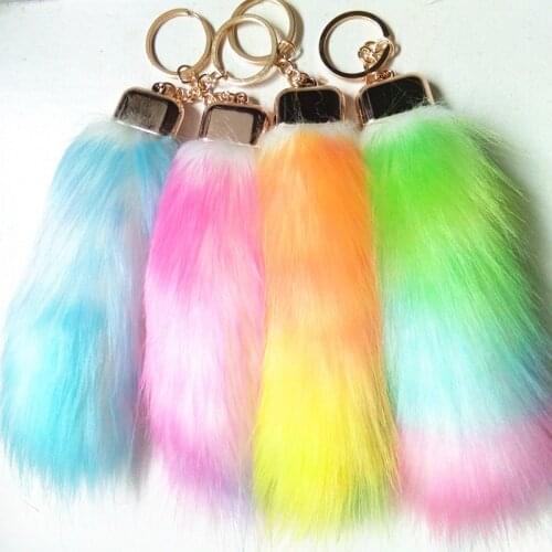 12pcs/lot Rainbow Color Fur Tails keychains Faux Fox Fur Pompon Car key ring Women bag charms fox fur tail Off White Key Chains
