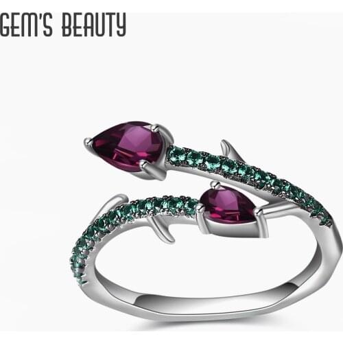 GEMS BEAUTY 925 Sterling Silver Adjustable Open Ring Natural Rhodolite Garnet Gemstone Thorns Ring For Women