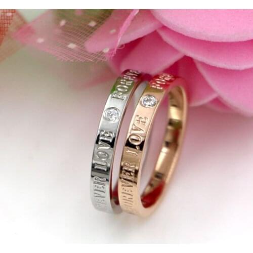 Forever Love Letter Diamond Rose Gold Ring Female Three Diamond English Titanium Steel Ring
