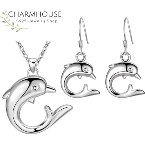 Charmhouse Silver 925 Jewelry Sets For Women Dolphin Pendant Necklace Earrings 2pcs Set Wedding Jewelry Accessories Bijoux