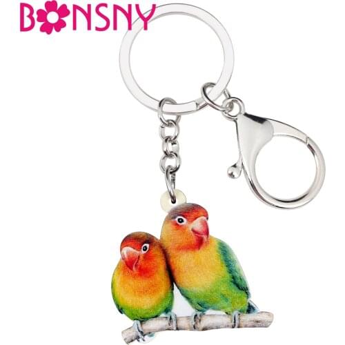 Bonsny Acrylic Africa Fischers Lovebird Parrot Bird Key Chain Keychains Ring Cute Animal Jewelry For Women Girl Bag Car Pendant