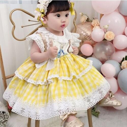 Summer Lolita Spanish Bow Sleeveless Princess Ball Gown Party Dress Cute Girl Turkey Yellow Grid Rabbit For Bady Girl
