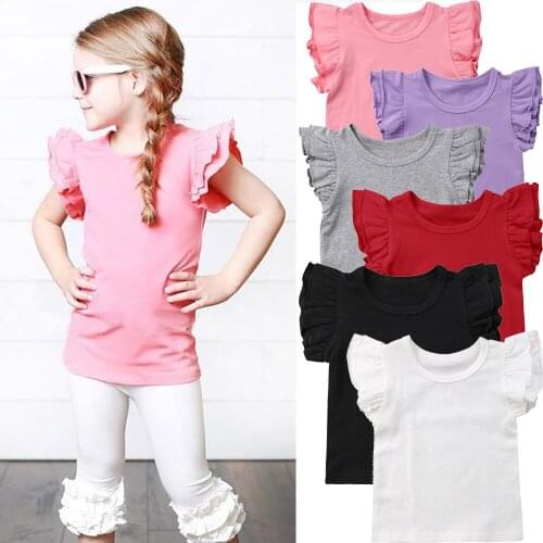 Little Girl summer pure t shirt kid child ruffles sleeve clothes t-shirts baby girl children t shirts solid color wholesale