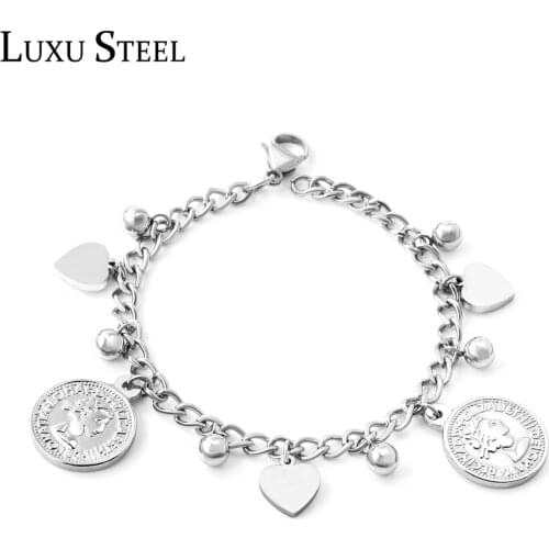 LUXUSTEEL Mother Gift Heart Round Ball and Coin Queen Stainless Steel Link Chains Bracelets Bangles Women kids bracelet Wedding