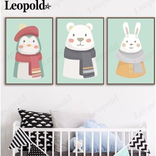 Cartoon Animal Canvas Poster Bear Rabbit Penguin Painting Wall Art Nordic Children Room Home Decoration