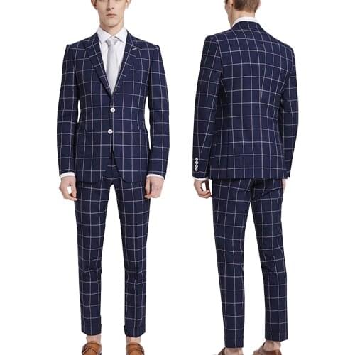 2 Pieces Mens Navy Check Plaid Tuxedos Formal Bridegroom Wedding Dress Suits(Blazer+Pants)