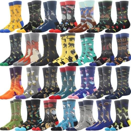 1 Pair Men Fashion Retro Socks Novelty Socks Happy Shark Sheep Dog Wolf Astronaut Beer Novelty Skateboard Crew Casual Crazy Sock