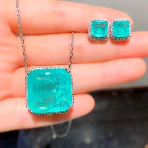 Luxury Square Paraiba Tourmaline Jewelry Set For Women Fusion Stone Necklace Green Earrings Wedding Jewelry Anniversary Gifts CZ
