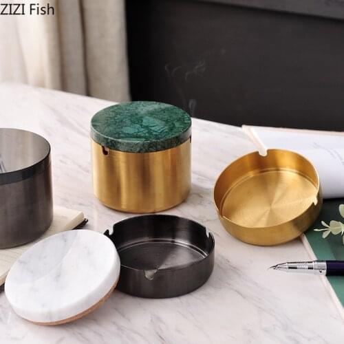European Style Marble Alloy Ashtray with Lid Anti Fly Ash Luxury Stainless Steel Car Brass Color Multifunctional Ashtray Decor