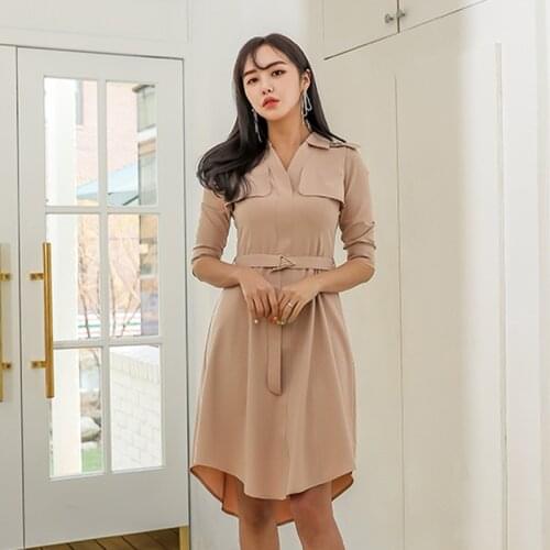Women Sexy OL Work Dress Office 2020 Spring Temperament Half Sleeved Belted V-neck Khaki Asymmetrical Dress Vestidos Plus Size