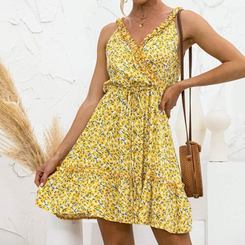 Women Dresses Sexy Fashion Floral Print Suspender Mini Dres Summer V-neck Ruffled Lace Up Dress Beach Holiday Vestidos