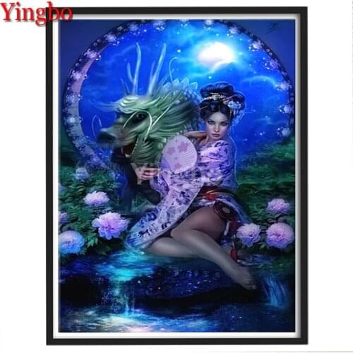 Full Square Diamond Mosaic 5D Diamond Painting Japanese woman and dragon Pictures Of Rhinestones Diamond Embroidery Fantasy art