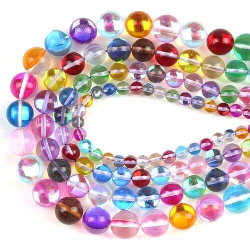 Clear Colorful Flash Crystal Glass MoonStone Glitter Beads Round Loose Beads 6/8/10/12mm For Jewelry Making DIY Charms Bracelet