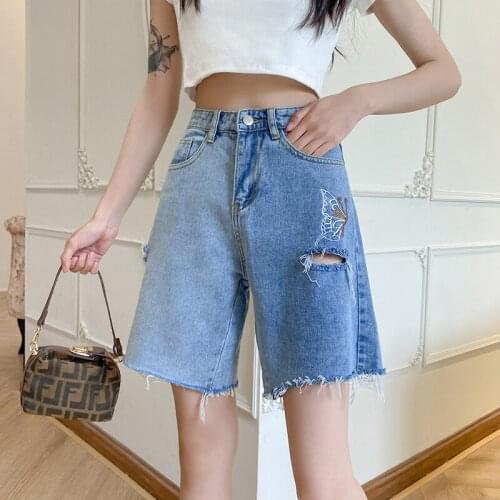 New Summer Shorts Women Vintage Washed Ripped Five-point Pants Cotton Cartoon Animal Embroidery Loose High Waist Denim Shorts