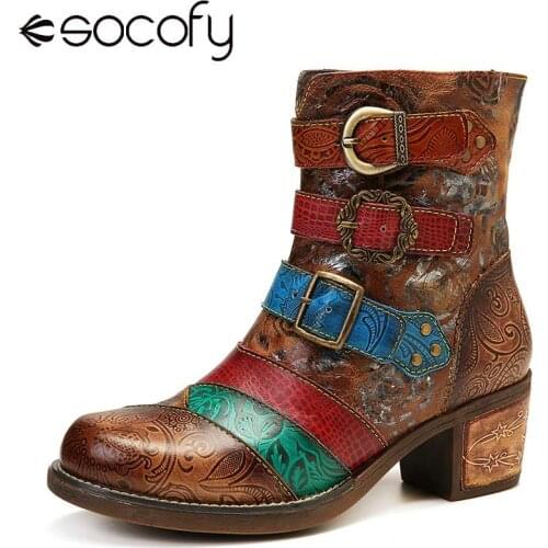 SOCOFY Printing Roses Metal Buckle Genuine Leather Splicing Low Heel Cozy Short Boots Elegant Shoes Women Shoes Botas Mujer