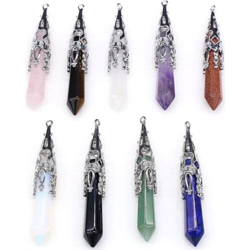 Reiki Healing Charms Natural Semi-precious Stone Crystal Pillar Pendant Column Necklace Pendants For DIY Jewelry Making Gift