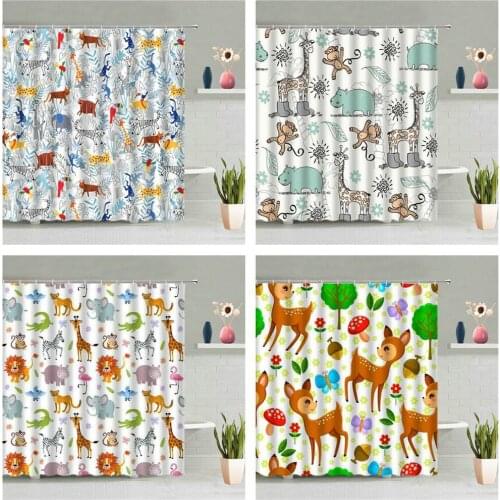 Cartoon Sika Deer Shower Curtain Forest Animal Giraffe Lion Printed Hanging Curtains Child Baby Bathroom Decor Bath Screen Hook