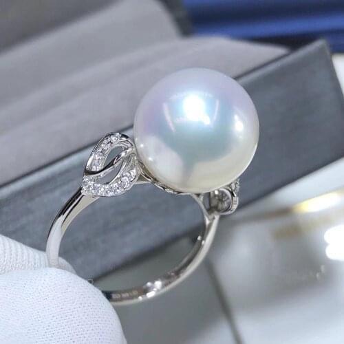 D429 Pearl Ring Fine Jewelry Solid 14K Gold Round 11-12mm Natural Fresh Water White Pearls Rings for Women Presents
