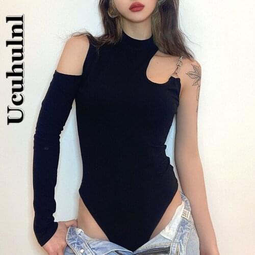 Ucuhulnl Sexy Hollow Out Skinny Bodysuit Chain Strapless Rompers Long Sleeve Jumpsuit Casual Body Suit Femme Knitted Top Solid